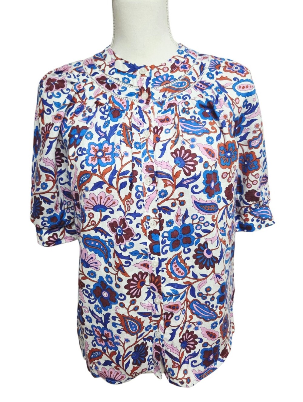Boden Bea Linen Floral Top White Blue Size 2 - Picture 3 of 9